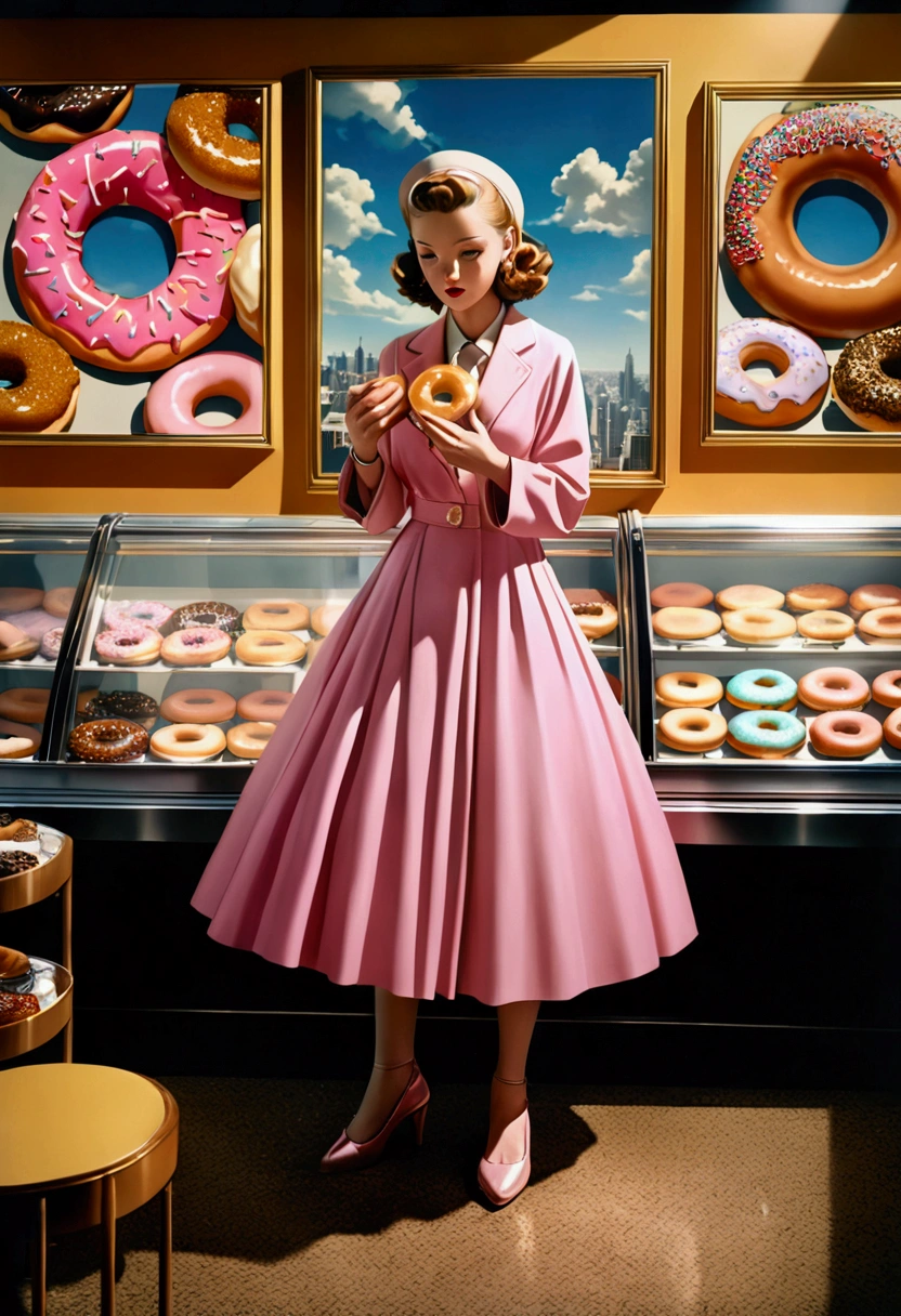 (Eating Donuts), y2k style, a (pink and honey) palette with holographic colors and in the background. The image has a glittery and shiny quality, in the style of retro photography, film, color negative, full body, award-winning, cinematic still, emotional, vignette, dynamic, vivid, (masterpiece, best quality, photorealistic, Professional, perfect composition, very aesthetic, absurdres, ultra-detailed, intricate details:1.3)