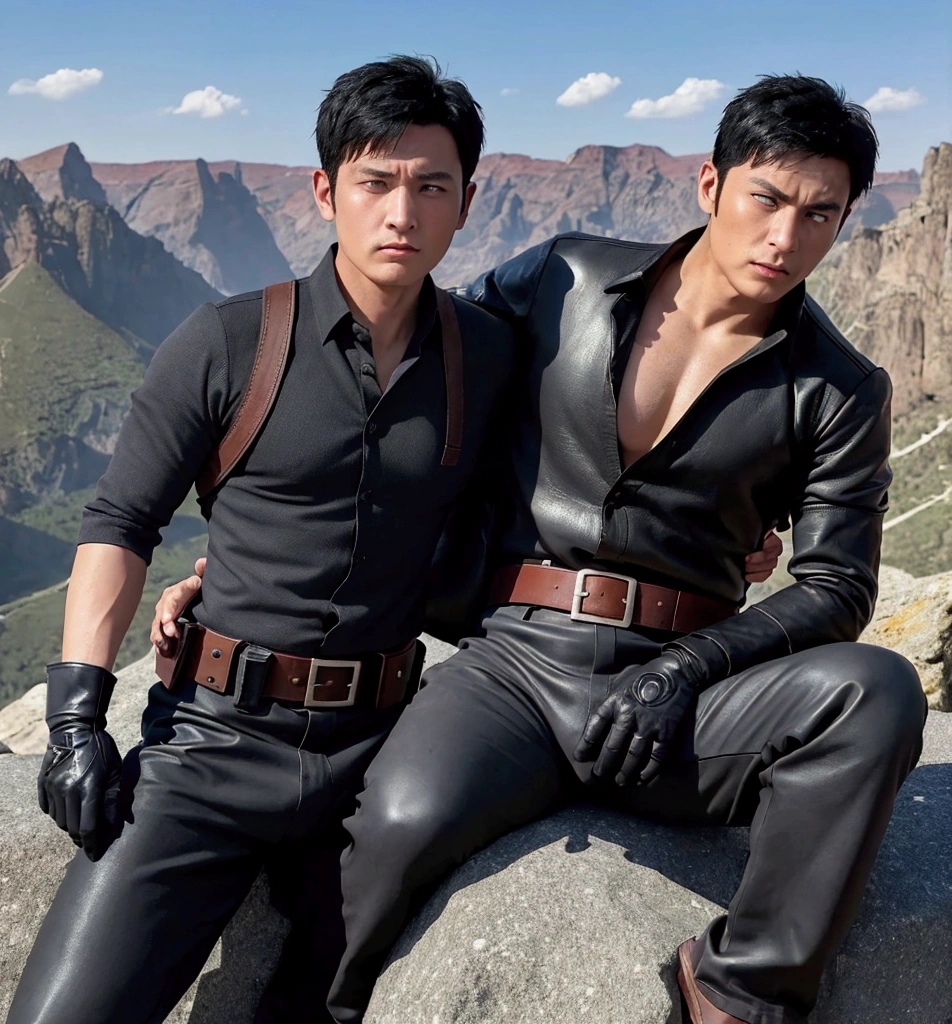 40 years old,One Man,、logic肉質、Black bodysuit、Black Shocker Belt、Cliff in the mountains、Combatant、Black leather gloves、logic,Gay ,Black Hair、Very short hair。Sit with your legs wide open、The crotch area of the pants is bulging、The crotch area of the pants is bulging、Manly handsome man、Faces of the Turks、Hold a gun、Combat pose looking at the camera Make the pupil slightly larger、Make your eyes clear