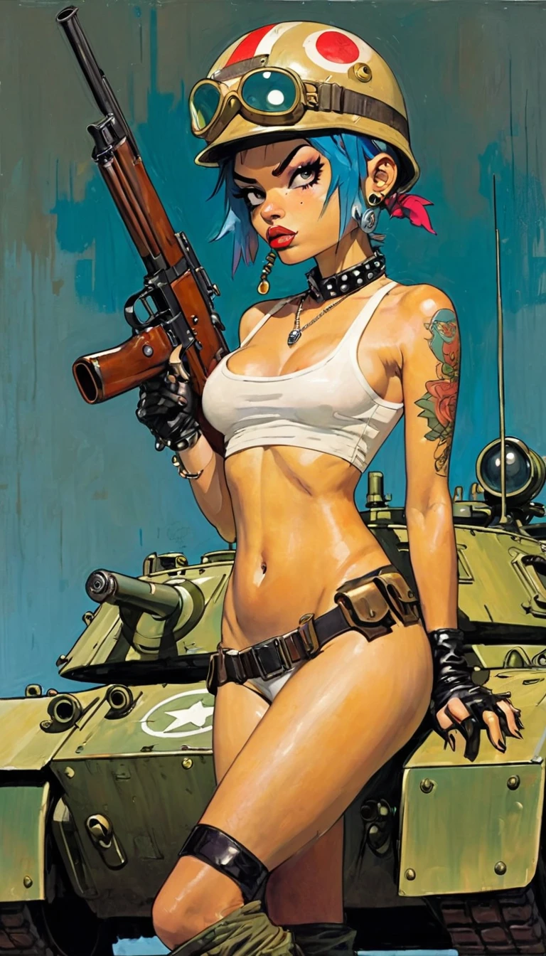  tank girl character,  , military helmet, cigar, piercings, shotgun, in a tank, (art inspired by Skottie Young and Bill Sienkiewicz). oil painting)