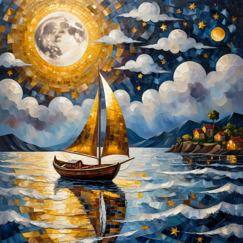 sunlit ("the moon, a silver boat, sails through the sea of stars, painting dreams in the night sky.":1.2) , suffering, hillside, cubism, lado sunlit, selective focus, Kodacromo, golden technique, batik
