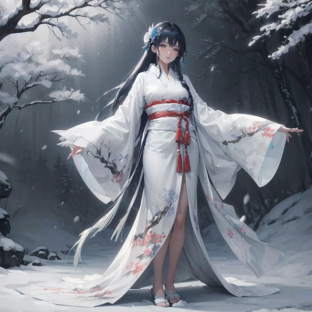 masterpiece, (textured skin), best quality, gorgeous beautiful, (a beautiful girl,yukionna,japanese snow fairy),detailed clothes,large breasts,narrow waist,, (beautiful face), cinematic lighting, (fantasy anime art ),
