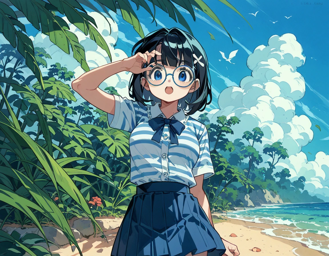  sticking to the shirt、Her breasts are visible through her blue and white striped shirt、Blue flared skirt、She lifts her skirt to reveal her cute white lace underwear、Girl with long black hair and glasses、whole body、Sandy beach and blue sky