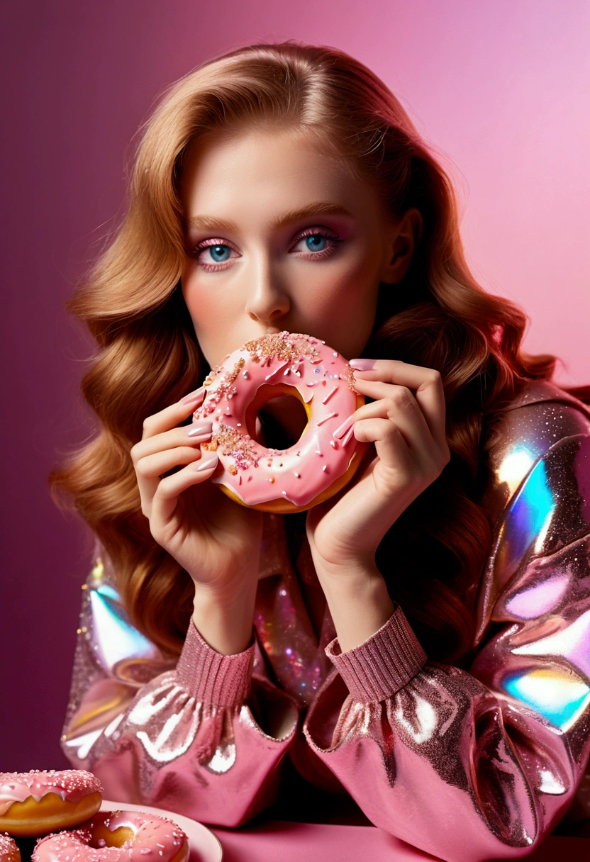 (Eating Donuts), y2k style, a (pink and Gingerbread color) palette with holographic colors and in the background. The image has a glittery and shiny quality, in the style of retro photography, film, color negative, full body, award-winning, cinematic still, emotional, vignette, dynamic, vivid, (masterpiece, best quality, photorealistic, Professional, perfect composition, very aesthetic, absurdres, ultra-detailed, intricate details:1.3)