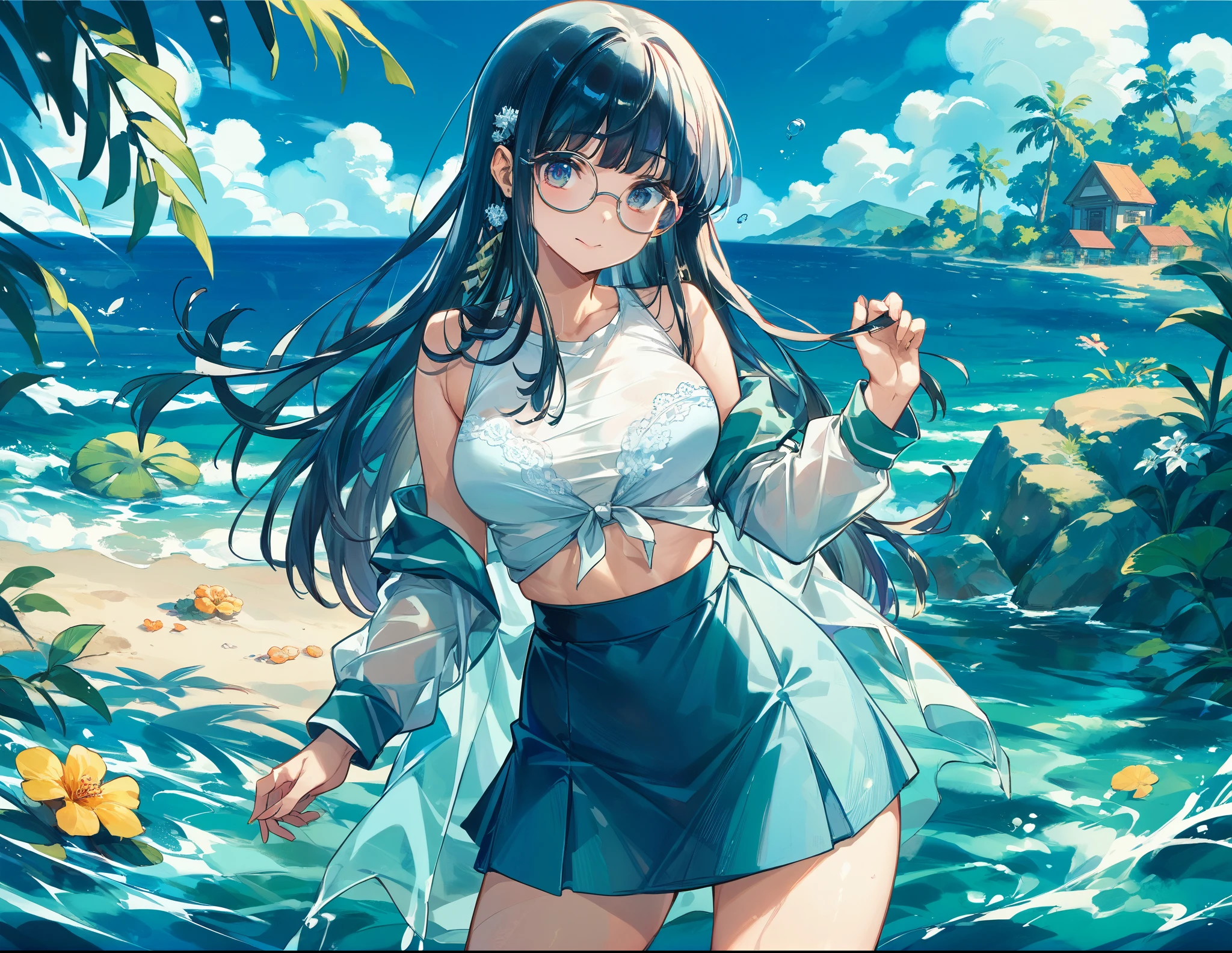  sticking to the shirt、Her breasts are visible through her blue and white striped shirt、Blue flared skirt、She lifts her skirt to reveal her cute white lace underwear、Girl with long black hair and glasses、whole body、Sandy beach and blue sky