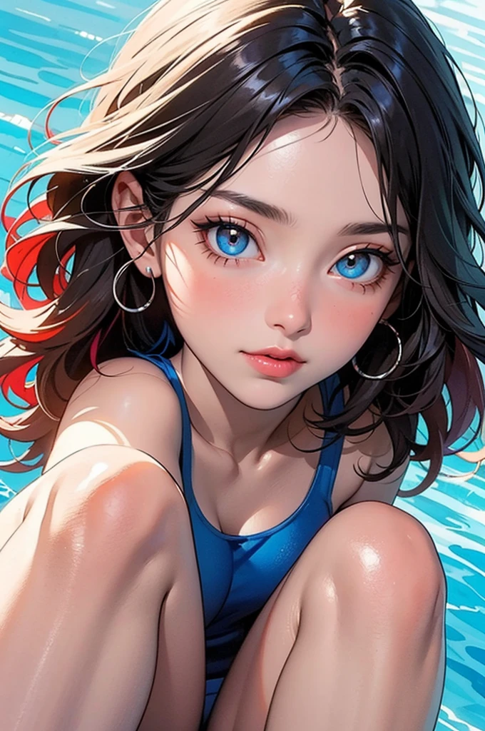 8K quality, ((ultra detailed, best quality, best quality, detailed watercolor, watercolor splash, fantastic background, colorful background, amazing art, very colorful tones, best quality, official art, stylish design)), ((most beautiful woman ever, glowing skin, shiny skin)), ((delicate eyes, best eyes ever, beautiful eyes, big eyes))(multicolored glowing hair, shiny hair, beautiful hair), (beautifully shaped breasts), ((poolside, colorful sparkly swimsuit:1.2))), (((close-up of face from knees up, shot from below)))