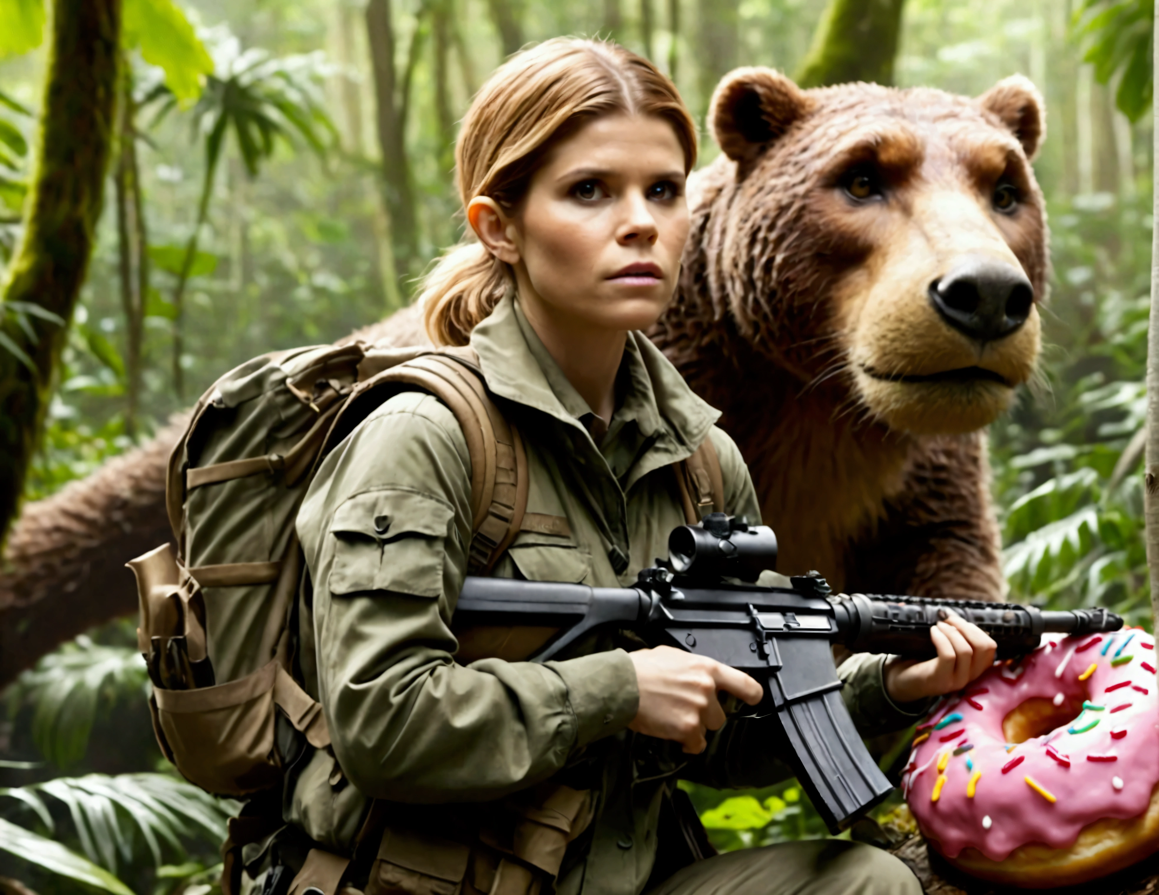 Kate Mara, age 25, rifle in hand, dressed in jungle adventure gear, is hunting a wild Donut (large animal composed of Donuts) in the forest
