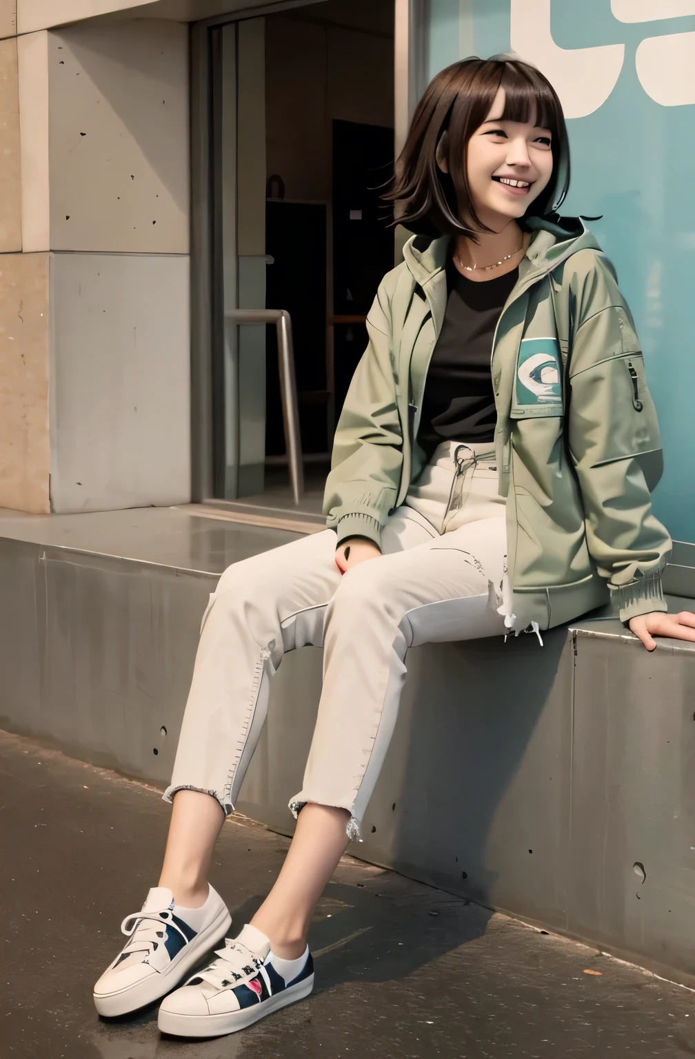 Chiaki Nanami in casual clothes at the shopping mall, Black Hair、Short Haircut、Ear piercing、fringe, Teal hooded jacket, smile、Looking into the camera, 20-year-old girl, , Olive green blouse, Skinny jeans、sneakers、,chiaki nanami, Nanami Chiaki