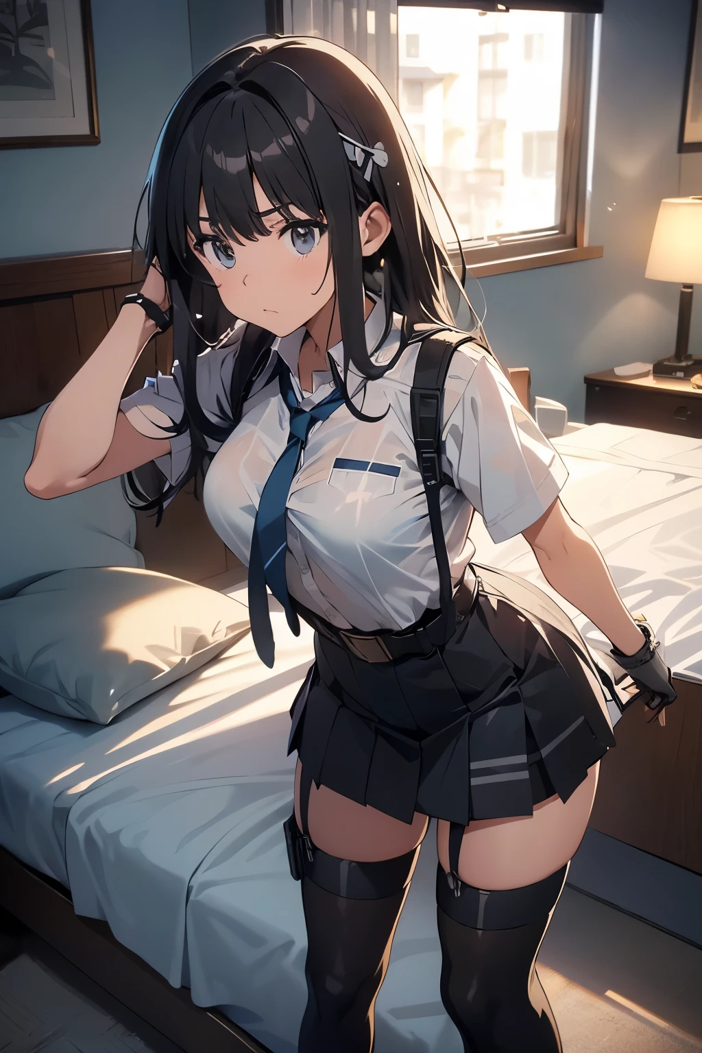tmasterpiece，best qualtiy，hyper HD，Top resolution，high detal，anime big breast，Wet body，on the floor on all fours，Keep your hands on the ground，Raise your hips，watch audience，angle from behind，Student uniform，Medium hair，Dark black hair，Raised chest，no underwares