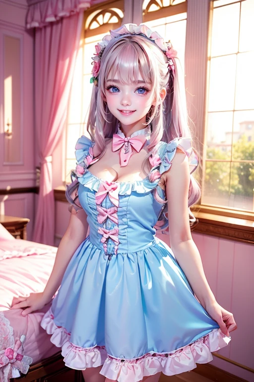 (Highest quality、masterpiece、8k、Best image quality、Hyperrealism、Award-winning works)、One ta girl、(alone:1.1)、(1 photo:1.1)、(Cute and girly light pink ruffle open chest loliress:1.2)、Girly lace decoration、Cute frill decoration、Cute wavy hair、(Low length:1.1)、(height: 140cm:1.1)、(Big Breasts:1.3)、(Cleavage:1.3)、(Cute heart ornament:1.1)、Lots of cute frills、Big pretty ribbon、Accentuate your body lines、Slender body、(Intricate Lolita rbackground with lots of pastel colored furniture:1.1)、(Light blue and light pink lolita dreamm:1.1)、(Lots of cute pastel-colored furniture:1.2)、(Cute light blue chest:1.2)、(Cute light blue desk:1.2)、(Cute light pink dressing table:1.3)、(Lots of cute furniture, Perfectly organized:1.1)、(Cute girly curtains in pastel colors:1.1)、(very bright and vivid:1.1)、(Beautiful walls with cute decorations in pastel colors:1.1)、Blurred Background、Standing gracefully in the center of the room、(Accurate anatomy:1.1)、Perfect Makeup、Long eyelashes、Glossy Lips、Ultra HD glossy skin、(Ultra-high resolution, bright and beautiful skin:1.2)、超高精細のGlossy Lips、Ultra-high resolution beautiful teeth、(Voluptuous body:1.1)、Cute heart symbol、wide々Stylish Lolita Room、(Rosse:1.1)、(Light pours in through beautifully decorated windows.:1.1)