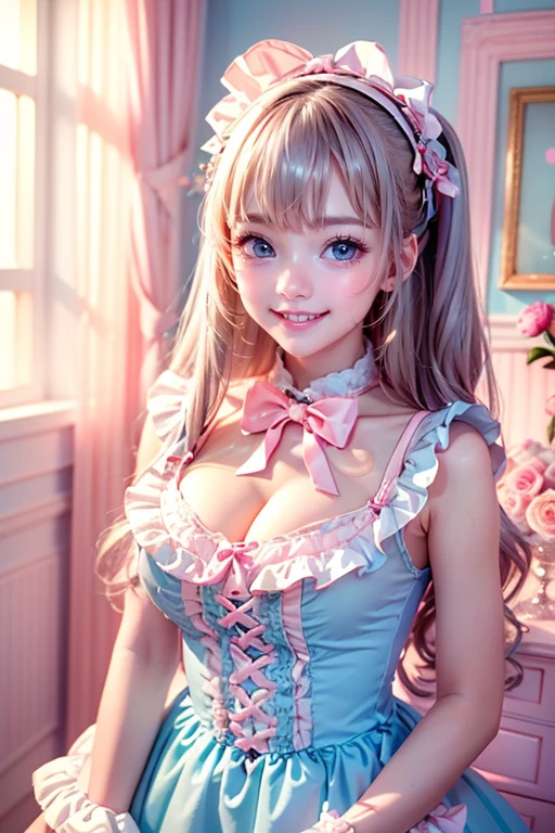 (Highest quality、masterpiece、8k、Best image quality、Hyperrealism、Award-winning works)、One ta girl、(alone:1.1)、(1 photo:1.1)、(Cute and girly light pink ruffle open chest loliress:1.2)、Girly lace decoration、Cute frill decoration、Cute wavy hair、(Low length:1.1)、(height: 140cm:1.1)、(Big Breasts:1.3)、(Cleavage:1.3)、(Cute heart ornament:1.1)、Lots of cute frills、Big pretty ribbon、Accentuate your body lines、Slender body、(Intricate Lolita rbackground with lots of pastel colored furniture:1.1)、(Light blue and light pink lolita dreamm:1.1)、(Lots of cute pastel-colored furniture:1.2)、(Cute light blue chest:1.2)、(Cute light blue desk:1.2)、(Cute light pink dressing table:1.3)、(Lots of cute furniture, Perfectly organized:1.1)、(Cute girly curtains in pastel colors:1.1)、(very bright and vivid:1.1)、(Beautiful walls with cute decorations in pastel colors:1.1)、Blurred Background、Standing gracefully in the center of the room、(Accurate anatomy:1.1)、Perfect Makeup、Long eyelashes、Glossy Lips、Ultra HD glossy skin、(Ultra-high resolution, bright and beautiful skin:1.2)、超高精細のGlossy Lips、Ultra-high resolution beautiful teeth、(Voluptuous body:1.1)、Cute heart symbol、wide々Stylish Lolita Room、(Rosse:1.1)、(Light pours in through beautifully decorated windows.:1.1)