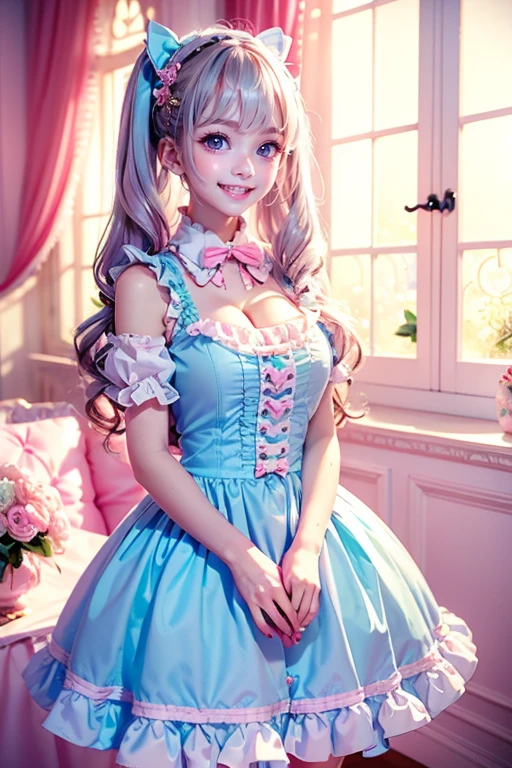 (Highest quality、masterpiece、8k、Best image quality、Hyperrealism、Award-winning works)、One ta girl、(alone:1.1)、(1 photo:1.1)、(Cute and girly light pink ruffle open chest loliress:1.2)、Girly lace decoration、Cute frill decoration、Cute wavy hair、(Low length:1.1)、(height: 140cm:1.1)、(Big Breasts:1.3)、(Cleavage:1.3)、(Cute heart ornament:1.1)、Lots of cute frills、Big pretty ribbon、Accentuate your body lines、Slender body、(Intricate Lolita rbackground with lots of pastel colored furniture:1.1)、(Light blue and light pink lolita dreamm:1.1)、(Lots of cute pastel-colored furniture:1.2)、(Cute light blue chest:1.2)、(Cute light blue desk:1.2)、(Cute light pink dressing table:1.3)、(Lots of cute furniture, Perfectly organized:1.1)、(Cute girly curtains in pastel colors:1.1)、(very bright and vivid:1.1)、(Beautiful walls with cute decorations in pastel colors:1.1)、Blurred Background、Standing gracefully in the center of the room、(Accurate anatomy:1.1)、Perfect Makeup、Long eyelashes、Glossy Lips、Ultra HD glossy skin、(Ultra-high resolution, bright and beautiful skin:1.2)、超高精細のGlossy Lips、Ultra-high resolution beautiful teeth、(Voluptuous body:1.1)、Cute heart symbol、wide々Stylish Lolita Room、(Rosse:1.1)、(Light pours in through beautifully decorated windows.:1.1)