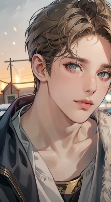 masterpiece, best quality, realistic, 1man, mature male, quiet and charming  man, 35 years old, close his eyes, serious, closed mouth, extremely detailed face, cold, ((dark grey blue eyes)), ((short-right-swept dark golden hair)), [thick eyebrows], ((hunter)), accurate, detailed, ((town))