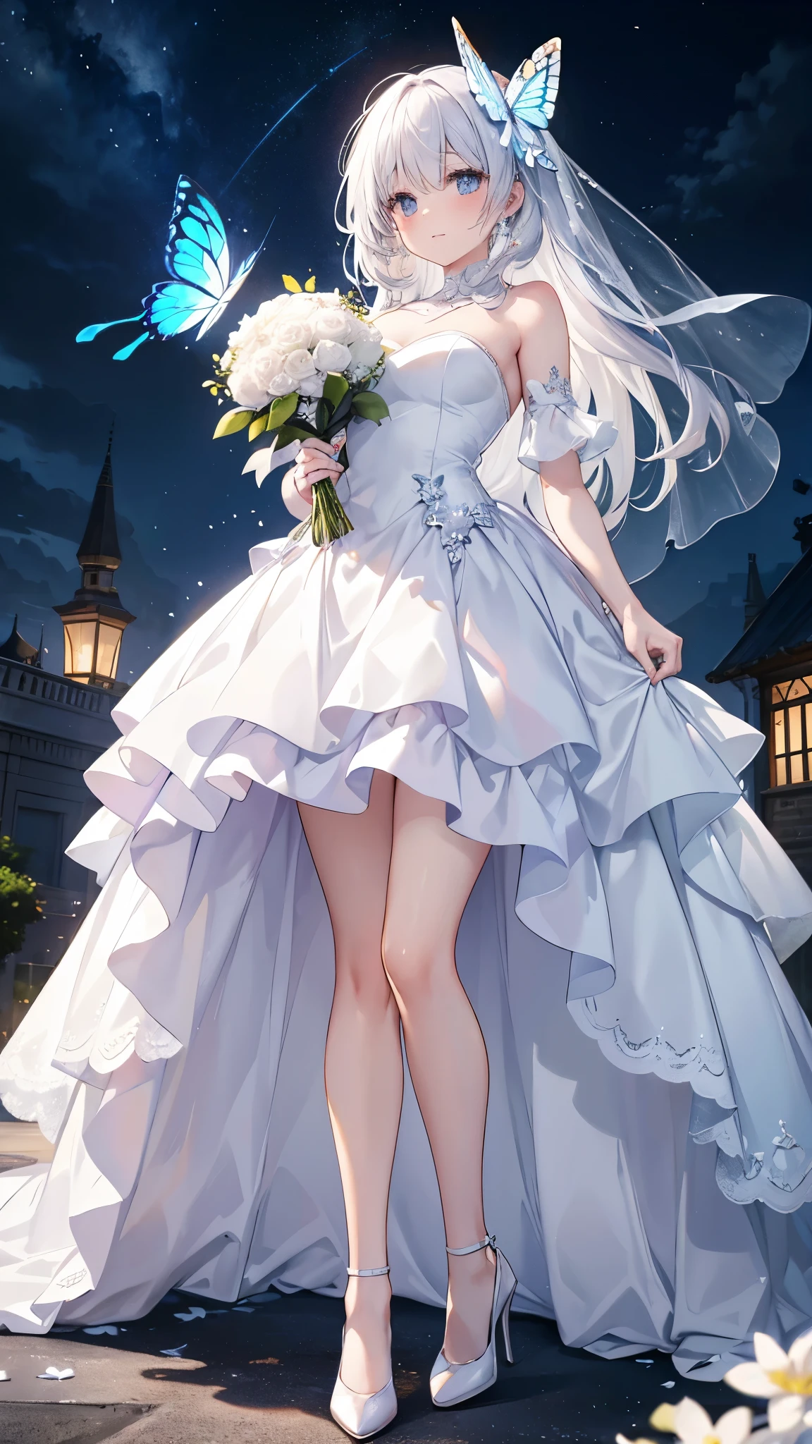 A woman in a white dress and high heels walking down the sidewalk 8k wallpaper,Detailed Background,Highest Resolution,Silver Hair,Bandeau wedding dress,White Wedding Dress,White high heels,Castle Background,Princess,butterfly,Moonlight,Good move、Beautifully aligned fingers 飛び回る小さなbutterfly、The Spirit of the Coming Earth、Wind Spirit、Wearing flowers that invite dreams、