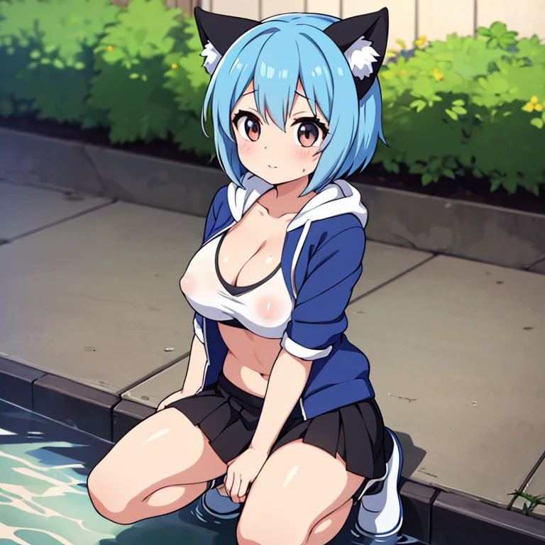 anime girl with blue hair, anime moe artstyle, rogue anime girl ayanami rei, 2 d anime style, Kantai Collection Style, the anime girl is crouching, beautiful anime girl squatting, gushing water from wet and moist crotch, pubic hair, incontinence, Wearing a jacket with a hoodie, Wearing an animal ears and eyes hoodie, no panty, black pantyhose with thighs visible, Panty shot, 1 girl, blue short bob cut hair, dark brown eyes, lively, cheerful innocent, too large big emphasized breasts that show a lot of skin, boyish, cute, sporty, breasts that seem to stick out, open-chested showing off cleavage sexy clothes, risqué clothing, too short miniskirt, high beams, large erect nipples that can be seen through the clothes,