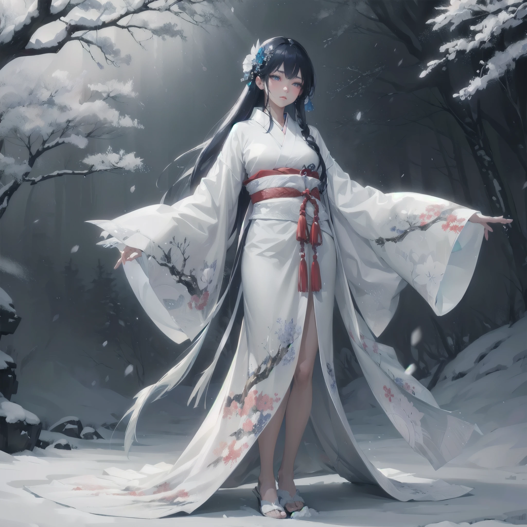 masterpiece, (textured skin), best quality, gorgeous beautiful, (a beautiful girl,yukionna,japanese snow fairy),detailed clothes,large breasts,narrow waist,, (beautiful face), cinematic lighting, (fantasy anime art ),