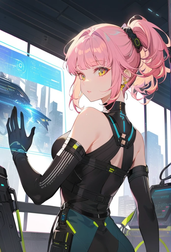 1 female, Mature female, Lucy \(Cyberpunk\),Cyberpunk \(series\), indoors, Futuristic, Holographic interface, window, Blue Theme, Extremely detailed, Hand on glass, From the back, Upper Body, Cyberpunk city in background, Black tights, Bare shoulders,