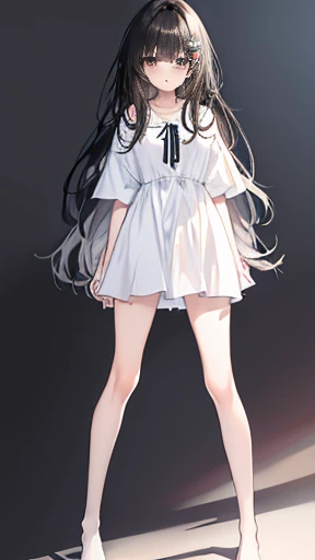 Highest quality, masterpiece, High resolution, (whole body), front, Symmetric, Mature Tall , alone, (whole body from head to toe), big long hair, slightly Messy Hair, , , slim and beautiful legs, A very beautiful and tall 17-year-old girl, ((No shoes)) , Shy big eyes, ( (Long black hair), (bangs), Messy Hair, (Hair Clip), Looking into the camera