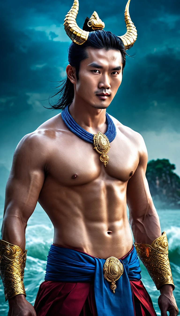 Extremely detailed close-up portrait, modeled after the legend of the Vietnamese god Lac Long Quan, taken from the waist up. The face of the god is a combination of modern handsomeness, combining the highlights of Thai, Korean and Hong Kong movie stars. A handsome face with strong features, sharp eyes shining with supernatural power, seeing through the human heart. Long, flowing black hair with interwoven shimmering scales. Majestic dragon horns protrude from the forehead, curved and shiny. Muscles rippling with supernatural power, skin with a texture like delicate dragon scales. Wearing an exquisite gold necklace decorated with gemstones that glow with an inner light. In his hand, he holds an ancient, unusual weapon - perhaps a trident or a sword - radiating mystical, mythical energy. The God Lac Long Quan stands tall and majestic, a colossal figure of divine presence and supreme power of the Vietnamese people. His posture exudes power and confidence, dominating the frame, dominating the dark, chaotic world. Behind him, a stormy seascape with huge waves crashing violently, the sky is dark and ominous, filled with swirling storm clouds and lightning. The entire scene conveys a sense of his epic scale and divine power. Rendered in a surreal digital art style with dramatic lighting to enhance the intense atmosphere and highlight Lac Long Quan's divine appearance. The image emphasizes the contrast between the calm, powerful demeanor of the god Lac Long Quan and the chaos of the elements around him that have been conquered and subdued.