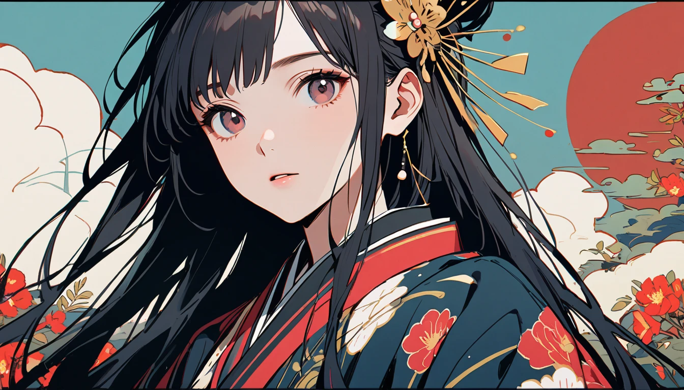 (((1 girl))), (((from below))), (((Very flashy hair accessories))), (((Very fancy kimono))), Japanese style headphones, face close-up, Japanese Beauty, Black Hair, Delicate and precise, Modern ukiyo-e style, vivid color