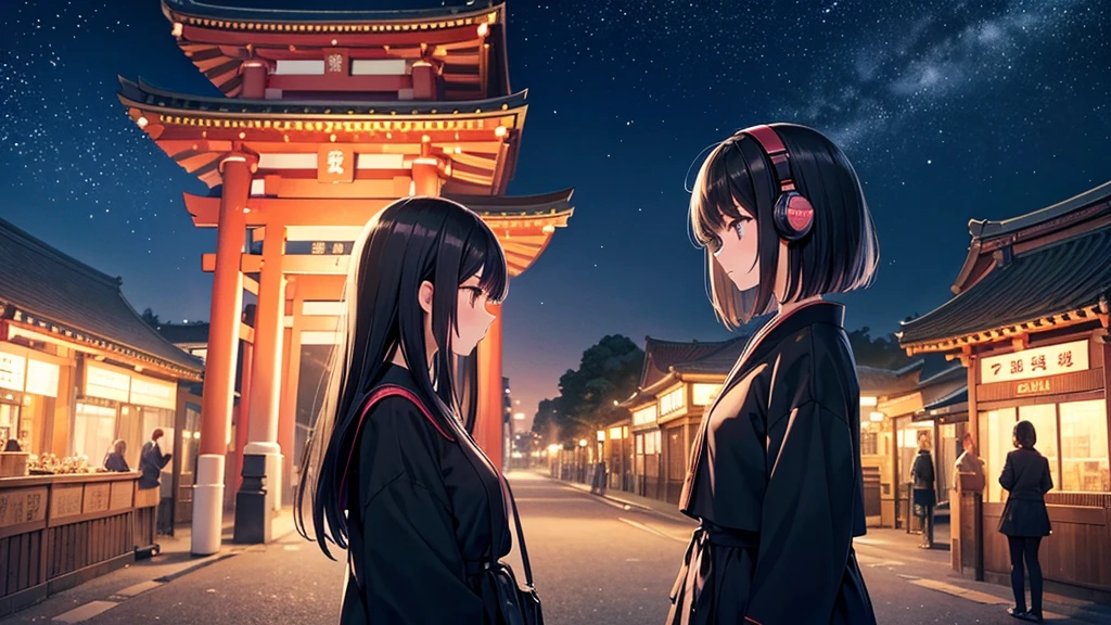 A place where you can see Osaka Tenmangu Shrine。A young girl with black hair wearing stylish clothes and headphones labeled "lo-fi" The girl is shown in profile, gazing into the distance with a calm, relaxed expression Background depicts the iconic scenery of Namba, Osaka at night, without any text on signs A starry night sky adding to the peaceful atmosphere Overall mood is quiet and serene, perfect for lo-fi music Detailed hair rendering and careful attention to the girl's fashionable outfit The entire scene should evoke a relaxing, introspective feeling associated with lo-fi music