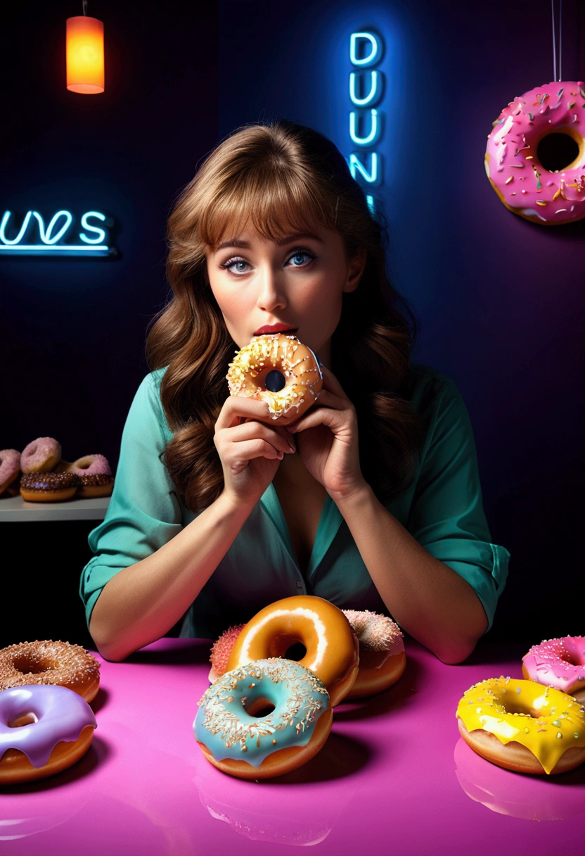 (Eating Donuts), rococo style portrait oil painting with elegant and ornate details, pink accents and pastel colors, full body, award-winning, cinematic still, emotional, vignette, dynamic, vivid, (masterpiece, best quality, photorealistic, Professional, perfect composition, very aesthetic, absurdres, ultra-detailed, intricate details:1.3)