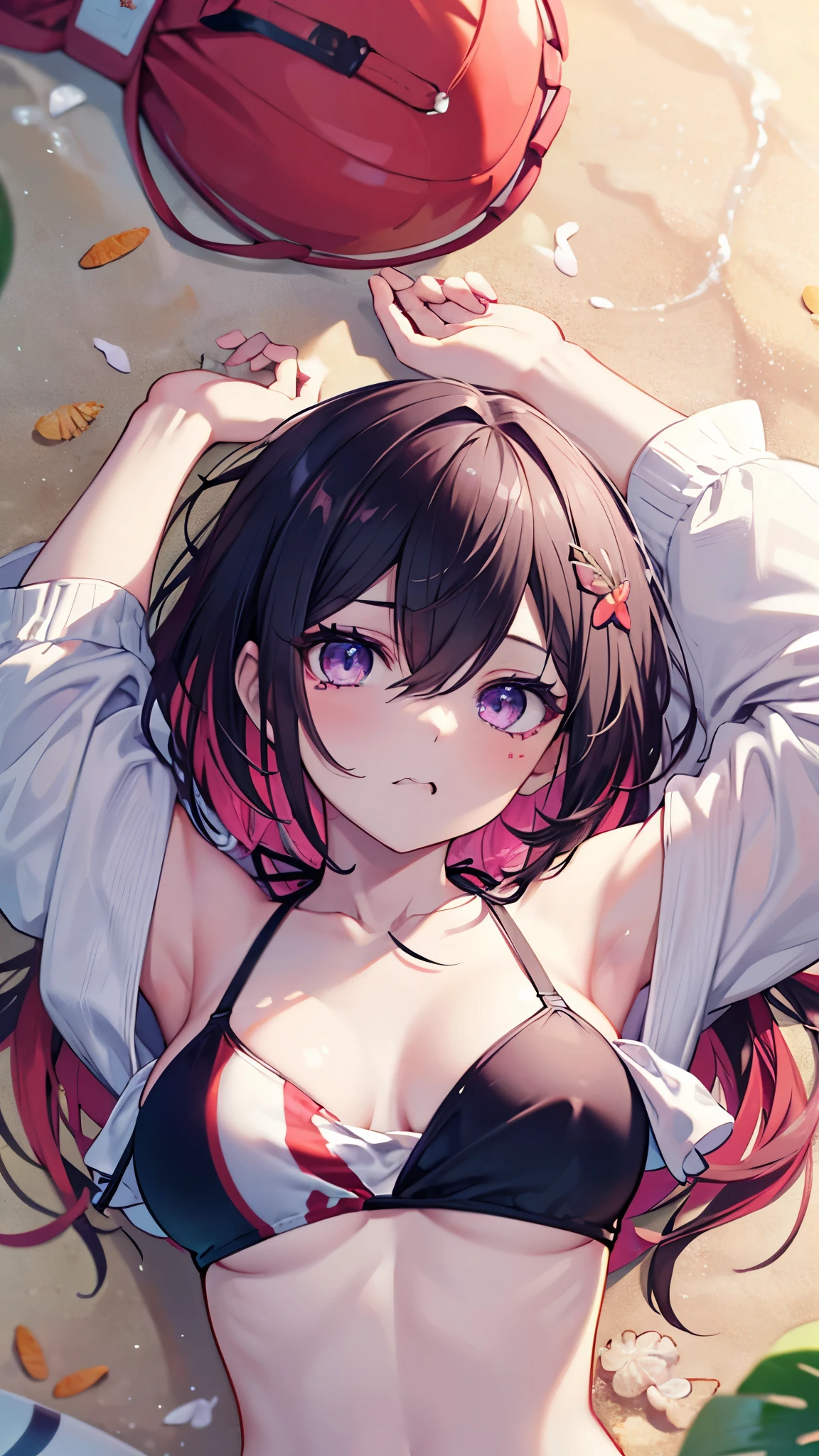 (best quality:1.2), (ultra detailed:1.2),(masterpiece:1.2),(8k:1.2),(Blessed,Captivating body、Ultra detailed hands、Ultra-detailed eyes、Ultra-detailed skin、ultra-detailed face,Detailed Background),One Girl、(sandy beach ,lie down,arms up:1.5), (craving, ecstasy:1.7),(off shoulder bikini:1.7), azki_(hololive) , 1girl, 独奏, multicolored hair, pink hair, purple eyes, black hair, dress, hair between eyes