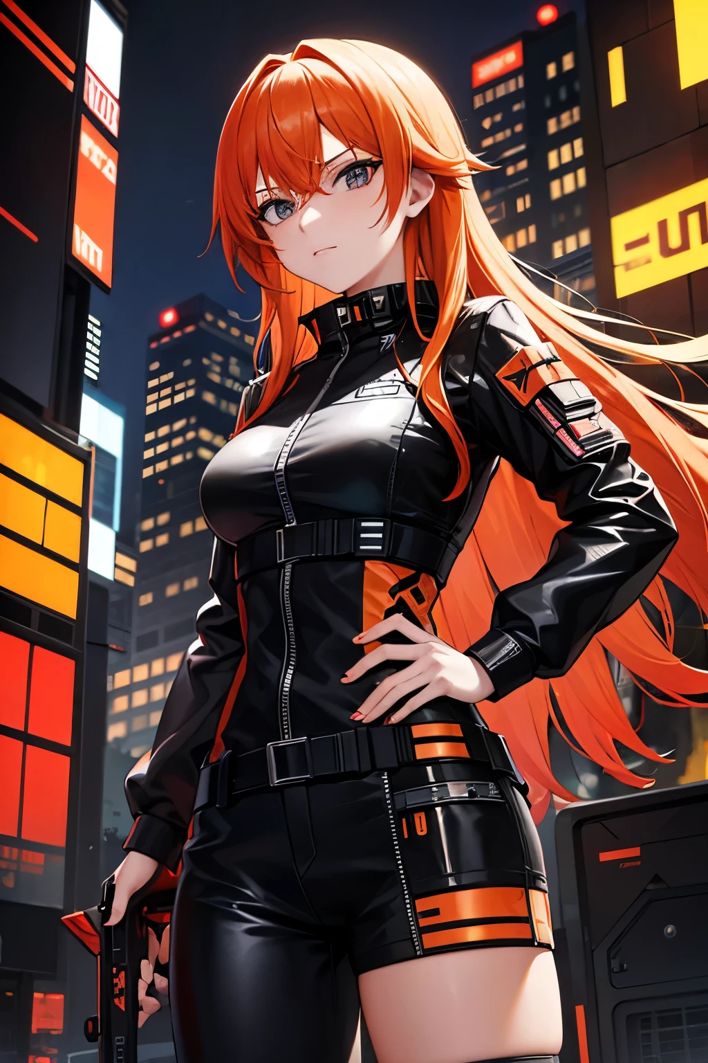 tech wear, girl, orange hair, black eyes armory, cyberpunk background
