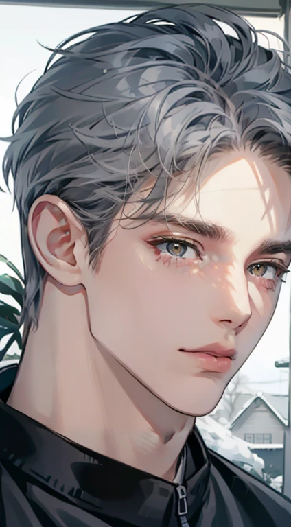masterpiece, best quality, realistic, 1man, mature male, quiet and charming  man, 35 years old, close his eyes, serious, closed mouth, extremely detailed face, cold, ((dark grey blue eyes)), ((short-right-swept dark gray blue hair)), [thick eyebrows], ((hunter)), accurate, detailed, ((town))