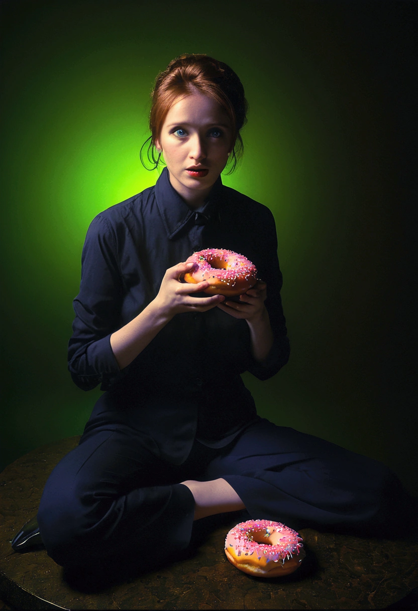(Eating Donuts), in the style of neon lights, studio photography, lithograph, photo taken with provia, sharpen lens, chiaroscuro portraitures, sombre, full body, award-winning, cinematic still, emotional, vignette, dynamic, vivid, (masterpiece, best quality, photorealistic, Professional, perfect composition, very aesthetic, absurdres, ultra-detailed, intricate details:1.3)