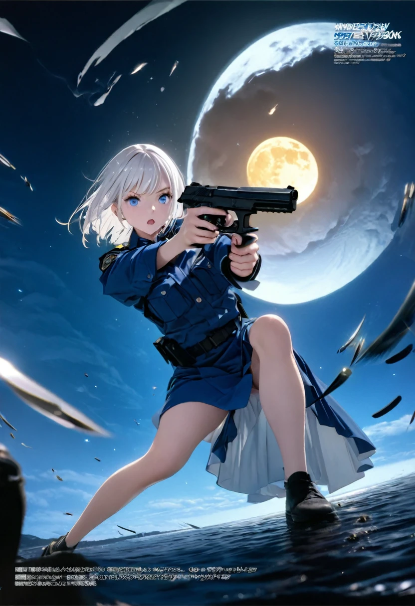 (8K, 4K, Best Quality, High Resolution: 1.2) ,1 girl, megami magazine, white hair, short hair, blue eyes
,(RAW quality:1.4), Highest quality, Great quality, 16K, Unbelievably absurd, Very detailed, delicate and dynamic, software, Natural light, Particles reflect color, Diffuse reflection of light, Vortex of Light, Hudson River, new york, Night view, Create amazing image effects, skirt, (Cute sexy girl, Pursue the perpetrator, Intense movement, Vibrant, hot, , , , pistol, white hair, Police uniform), Full body photo, (Shooting a gun in front of a big full moon:1.4), Speedy, Lots of bullets, Trajectory