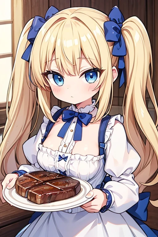 Eat a giant steak,Highest quality,Blonde with blue eyes、****ta、Small breasts、Twin tails、girl&#39;mischief,smile,