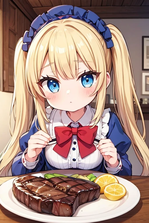 Eat a giant steak,Highest quality,Blonde with blue eyes、****ta、Small breasts、Twin tails、girl&#39;mischief,smile,