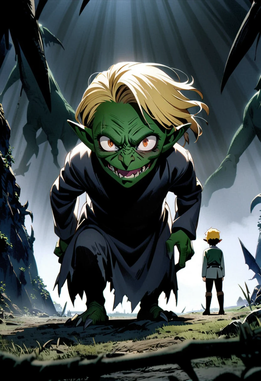 1 small boy, 7 years old,stand with back,No Page,Blonde hairstyles,full body angle,Legendary pictures,In front of me was a goblin, a monster from a fantasy world.,scary,Goosebumps