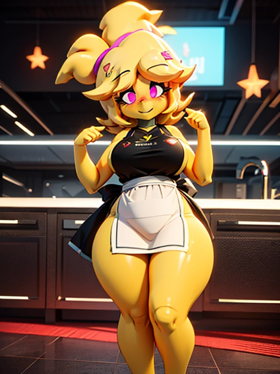 (master piece: 1.1), (chiku), wearing long tabard apron end in the hips, aultra-detailed, 2d style, sexy, woman, yellow skin, yellow hair, thick thighs, pink eyes, blushing, dynamic Pose, dynamic angle, lazy eyes, smiling, full body view