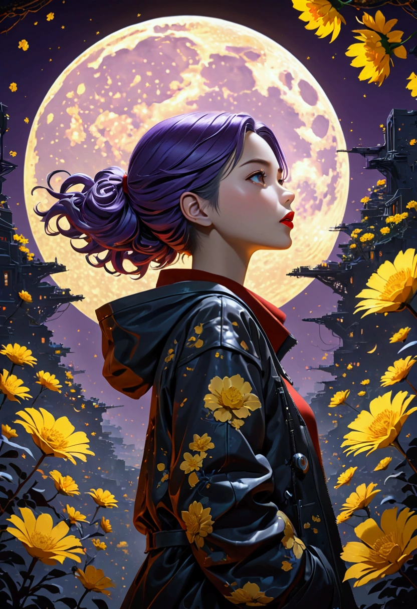 masterpiece, best quality, (非常详细的 CG 统一 8k 壁Paper) (best quality), (Best Illustration), (最佳shadow), beautiful girl, Looking at the audience, Small Breasts, Wearing a rugged jacket, Robotic Arm, (Glowing skin),Red lips, Open your mouth, Cyberpunk Background, Extremely exquisite and beautiful, (Floating purple hair), shadow, Relief, Stereogram, Atmospheric perspective, 8K, Super Detail,A moon, Yellow flowers , Paper_cut, , (Mysterious atmosphere), flash:0.8, Light rising from the bottom, A bunch of glowing white particles floating, Many small fires floating,