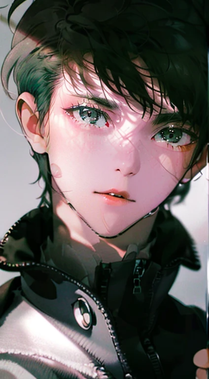 masterpiece, best quality, realistic, 1man, mature male, quiet and charming  man, 35 years old, close his eyes, serious, closed mouth, extremely detailed face, cold, ((dark grey blue eyes)), ((short-right-swept dark gray green hair)), [thick eyebrows], ((hunter)), accurate, detailed, ((town))