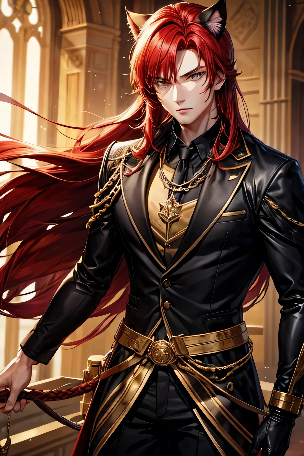 Red hair，Golden Eye，Cat ears，Medieval clothing，male,Black and gold blazer