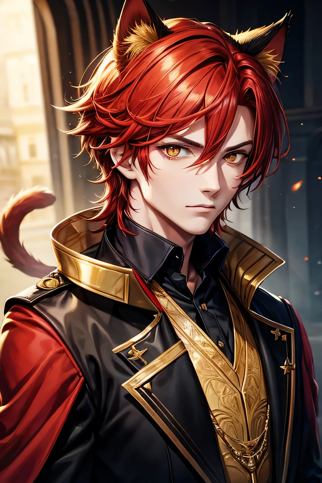 Red hair，Golden Eye，Cat ears，Medieval clothing，male,Black and gold blazer