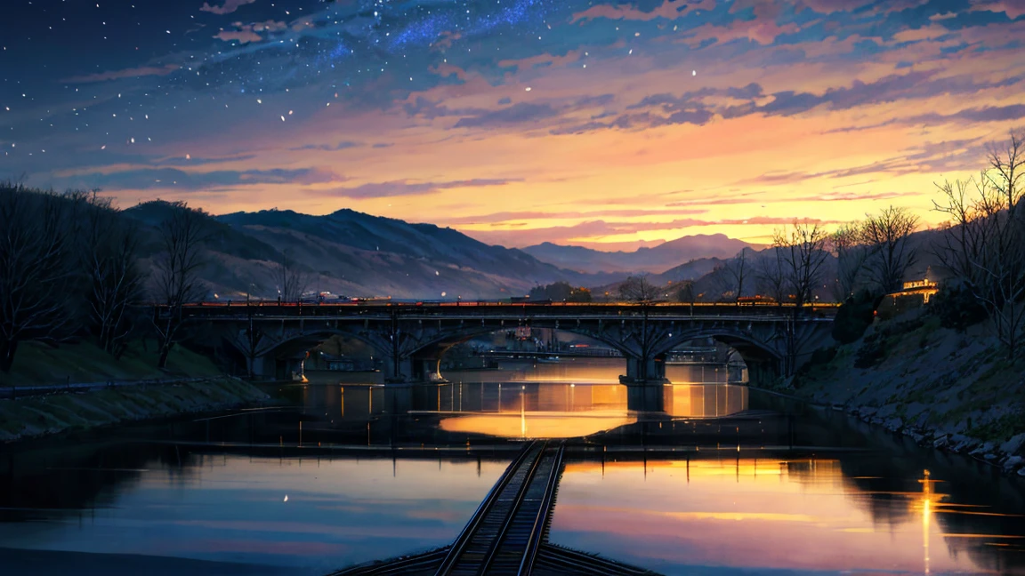 High quality masterpiece, landscape, (Animated train passing through water on the tracks on a bridge), (Animated train),Bright starry sky. Romantic Train, Cherry blossoms are flying, Pixiv, Concept Art, Lofi Art style, reflection. by Makoto Shinkai, Lofi Art, Beautiful anime scene, Anime landscape, landscape, (Makoto Shinkai Style), Enhanced Details.