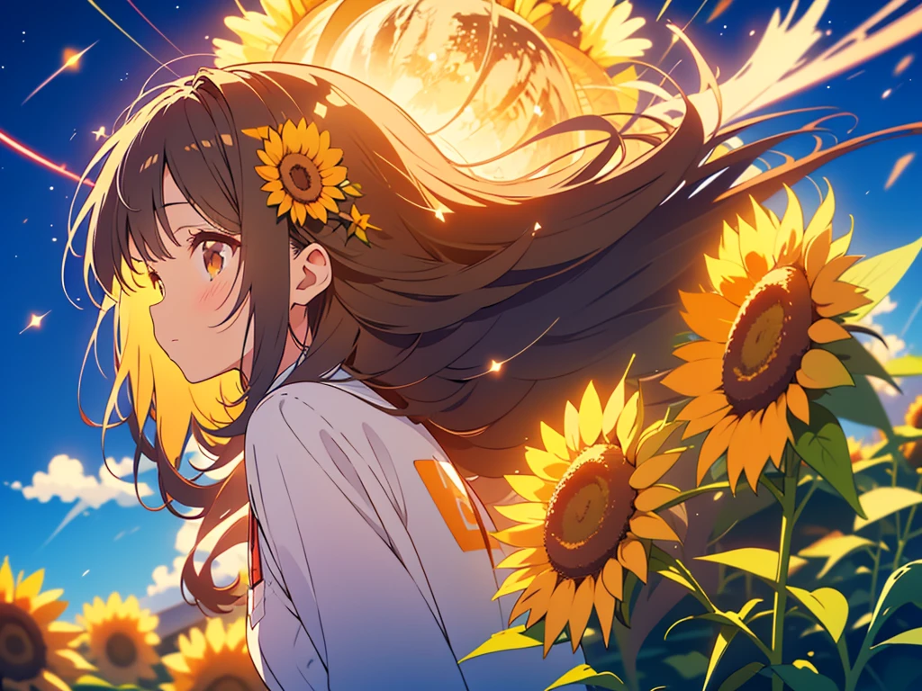 kawaii, anime, Cute, hyper quality, highly detailed, 8k, Clarity, Draw facial expressions in detail, dark brown long hair girl, sunflower, sunflower field, Close ~ eyes, Astronomical observation, look up at the sky, Sunflowers shining in the moonlight, Star of the sky, shooting star, Comet, milky way, light dances, A small shining butterfly dances, perspective looking up, Inciting point of view, turn over, profile, upper body, 