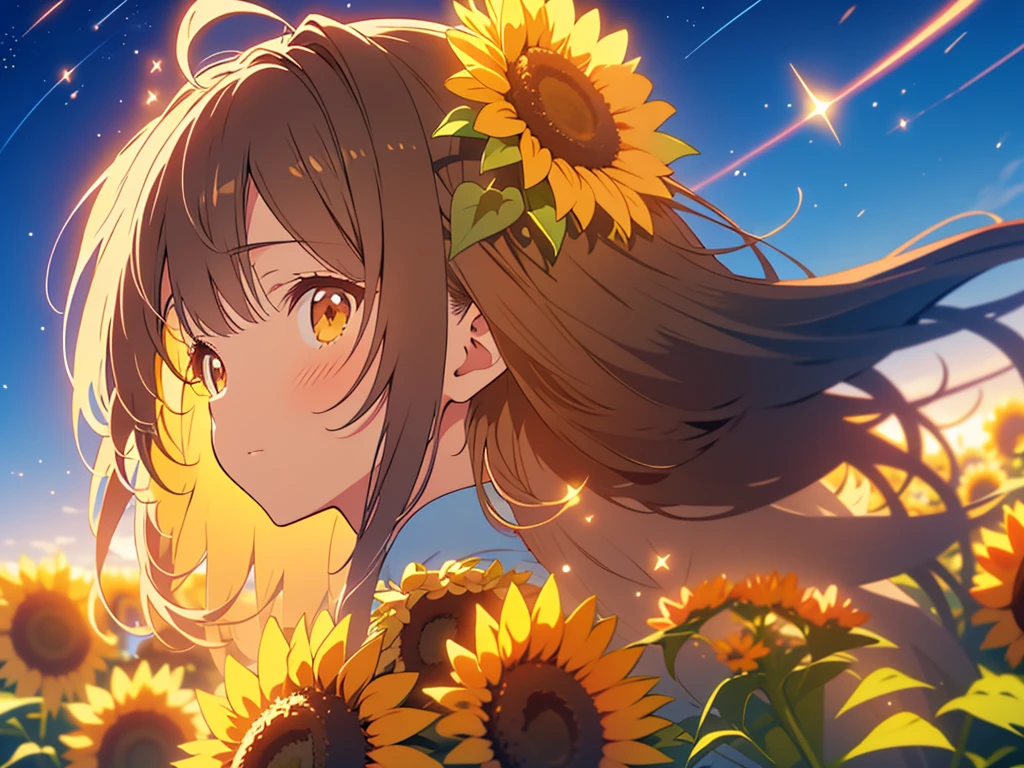 kawaii, anime, Cute, hyper quality, highly detailed, 8k, Clarity, Draw facial expressions in detail, dark brown long hair girl, sunflower, sunflower field, Close ~ eyes, Astronomical observation, look up at the sky, Sunflowers shining in the moonlight, Star of the sky, shooting star, Comet, milky way, light dances, A small shining butterfly dances, perspective looking up, Inciting point of view, turn over, profile, upper body,