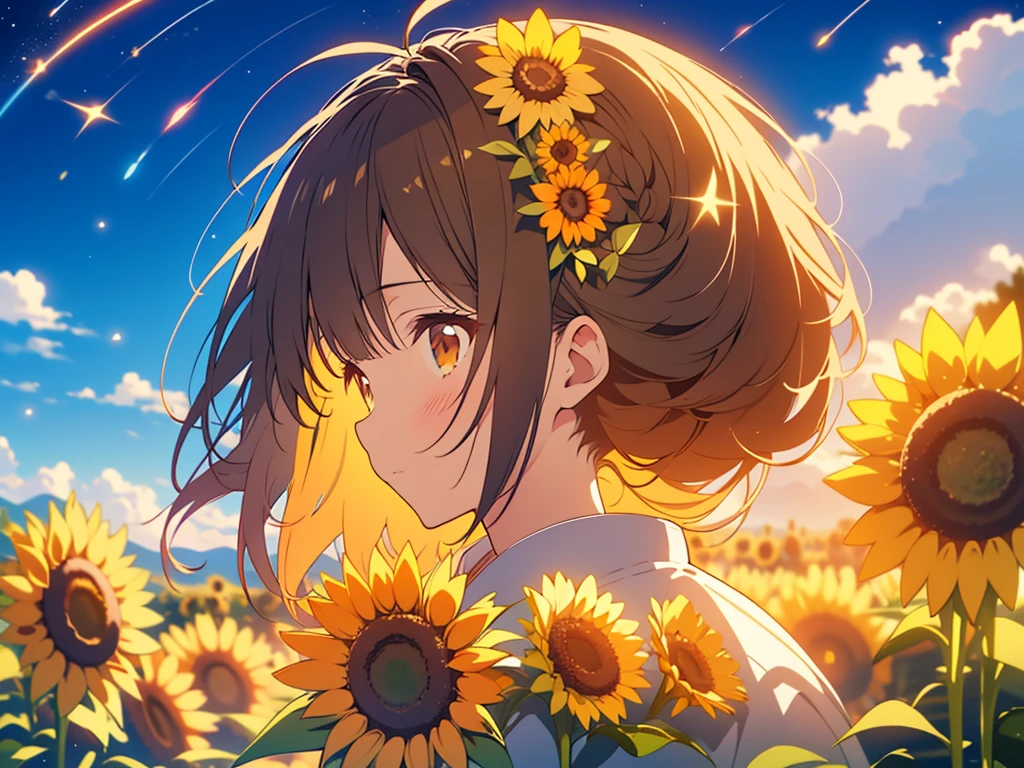 kawaii, anime, Cute, hyper quality, highly detailed, 8k, Clarity, Draw facial expressions in detail, dark brown long hair girl, sunflower, sunflower field, Close ~ eyes, Astronomical observation, look up at the sky, Sunflowers shining in the moonlight, Star of the sky, shooting star, Comet, milky way, light dances, A small shining butterfly dances, perspective looking up, Inciting point of view, turn over, profile, upper body, 