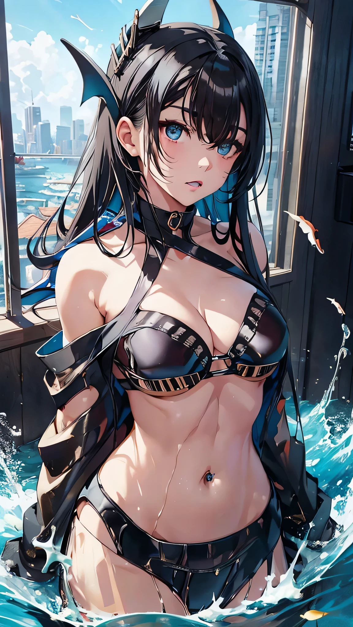 最high quality、Best image quality、masterpiece、With a girl((cute、16 years old、Best Bust、Medium Bust、Beautiful Blue Eyes、Spread your chest wide,Black Hair、Disheveled Hair、thin、Highest Valley、Black Bikini(1:3)、My whole body is wet、swim、Sea Floating)）high quality、Beautiful art、background((Sea、deep sea、shark、Building district)),Tabletop、Exquisite design、Visual Arts、Written boundary depth、Best lighting、Highest detail、8ｋ