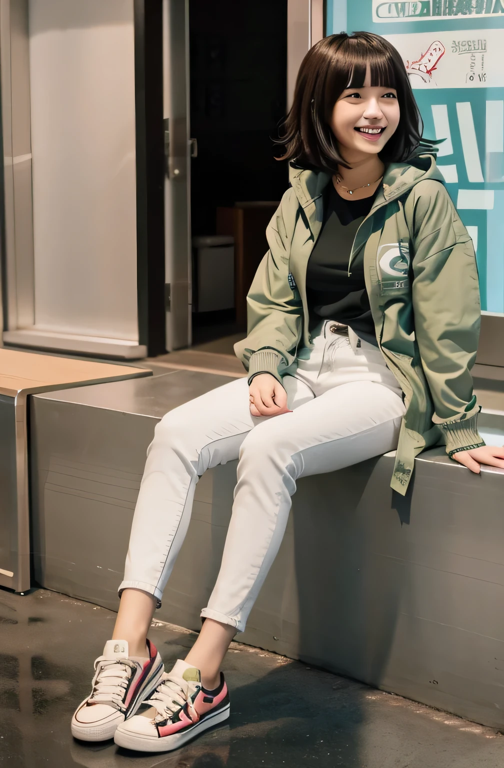 Chiaki Nanami in casual clothes at the shopping mall, Black Hair、Short Haircut、Ear piercing、fringe, Teal hooded jacket, smile、Looking into the camera, 20-year-old girl, , Olive green blouse, Skinny jeans、sneakers、,chiaki nanami, Nanami Chiaki