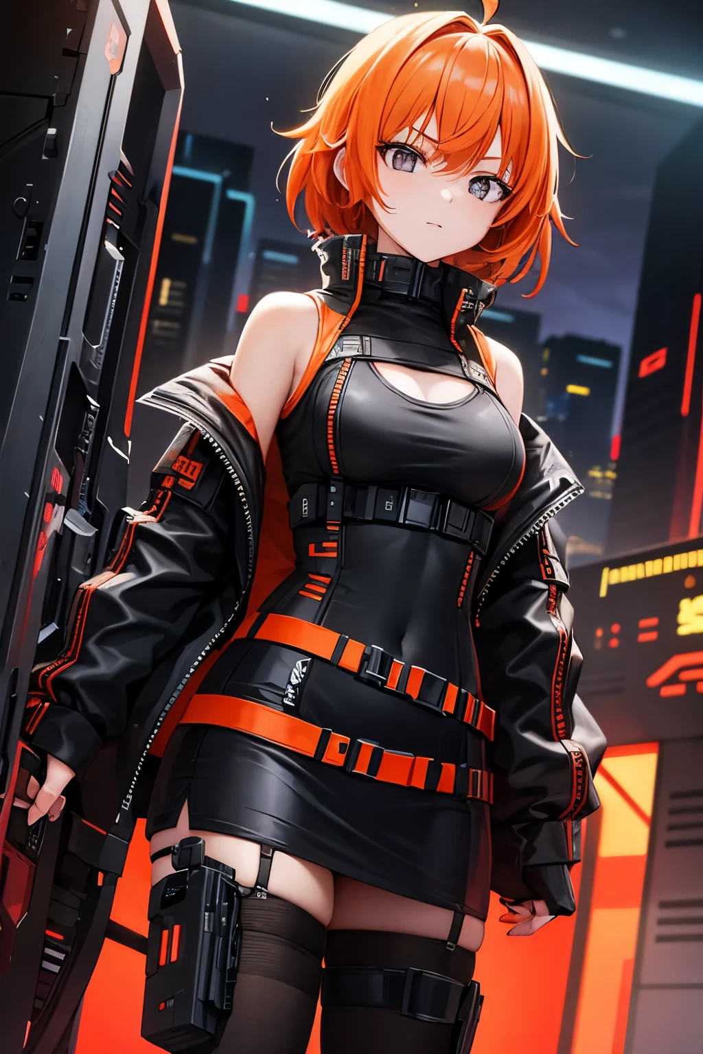 tech wear, girl, orange hair, black eyes armory, cyberpunk background