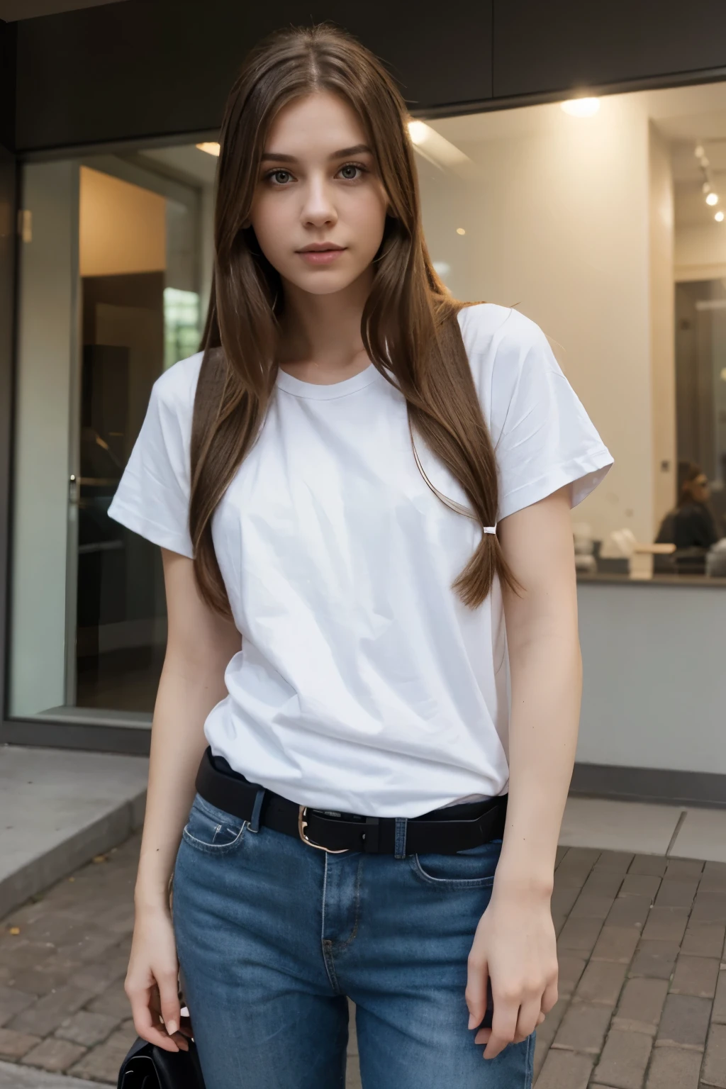 A white girl with long hair. Wear a half-length t-shirt. Only the upper part of the waist