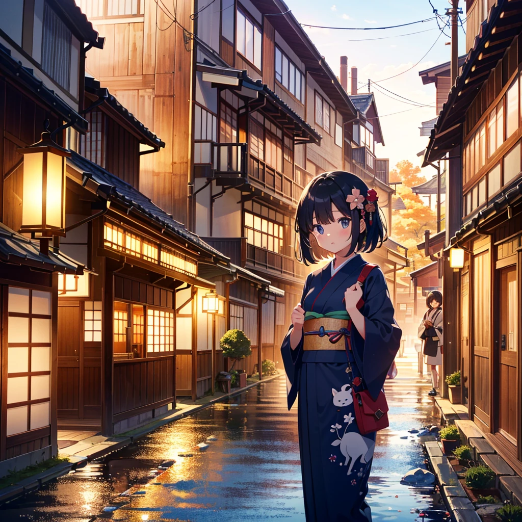 Masterpiece, highest quality, high resolution background, bright and beautiful atmosphere, 3 girls (2 years old, 1 short-tempered round face), 1 (hair, surface effects), small breasts, sightseeing spots in Kyoto, sunglasses, travel Mini pigs that wear clothes and kimono, many mini pigs in buildings, "deltamon_sdXL :0.73) >Deltamon"