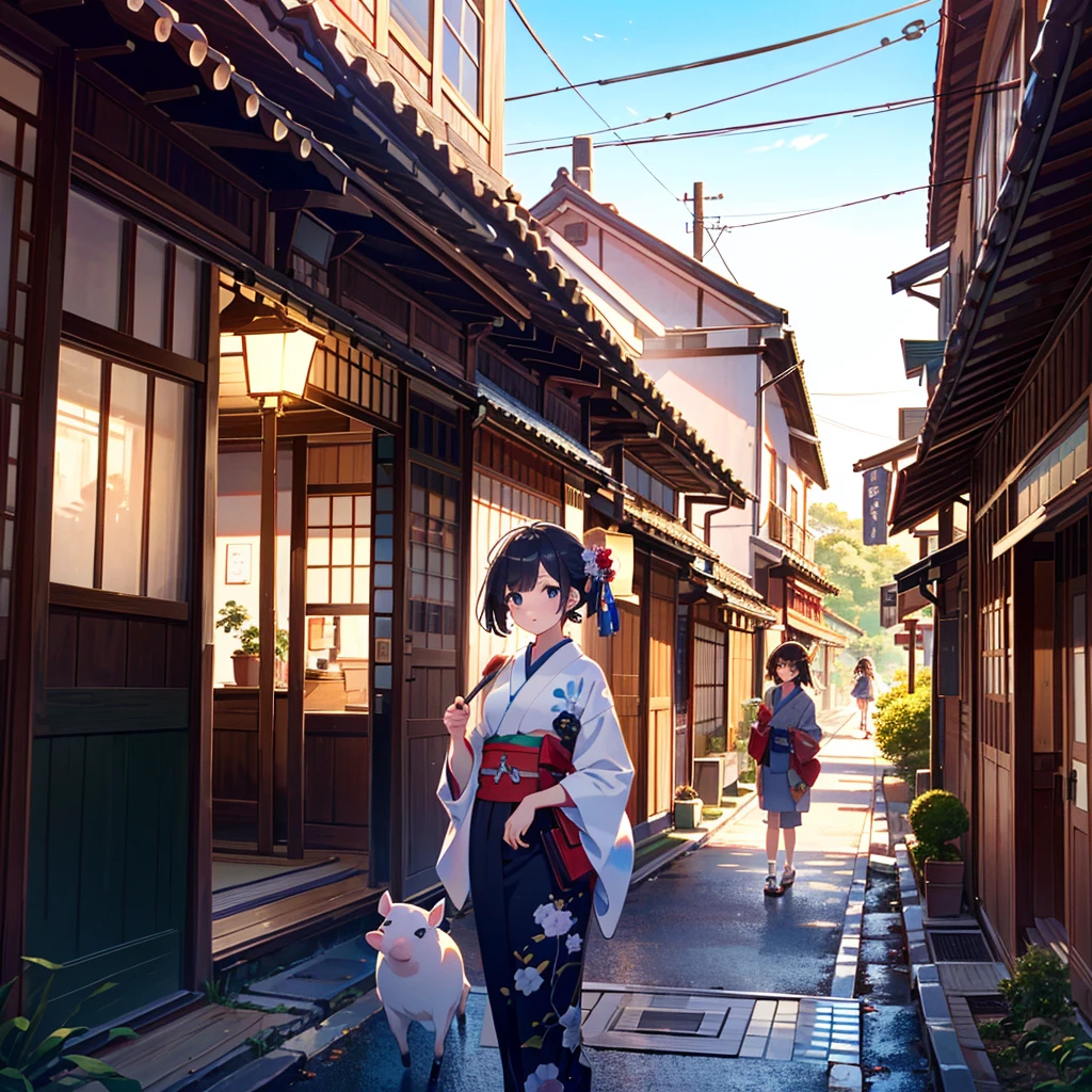 Masterpiece, highest quality, high resolution background, bright and beautiful atmosphere, 3 girls (2 years old, 1 short-tempered round face), 1  (hair, surface effects), small breasts, sightseeing spots in Kyoto, sunglasses, travel Mini pigs that wear clothes and kimono, many mini pigs in buildings, "deltamon_sdXL :0.73) >Deltamon"