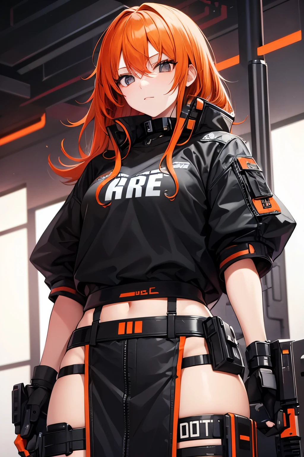 tech wear, girl, orange hair, black eyes armory, cyberpunk background