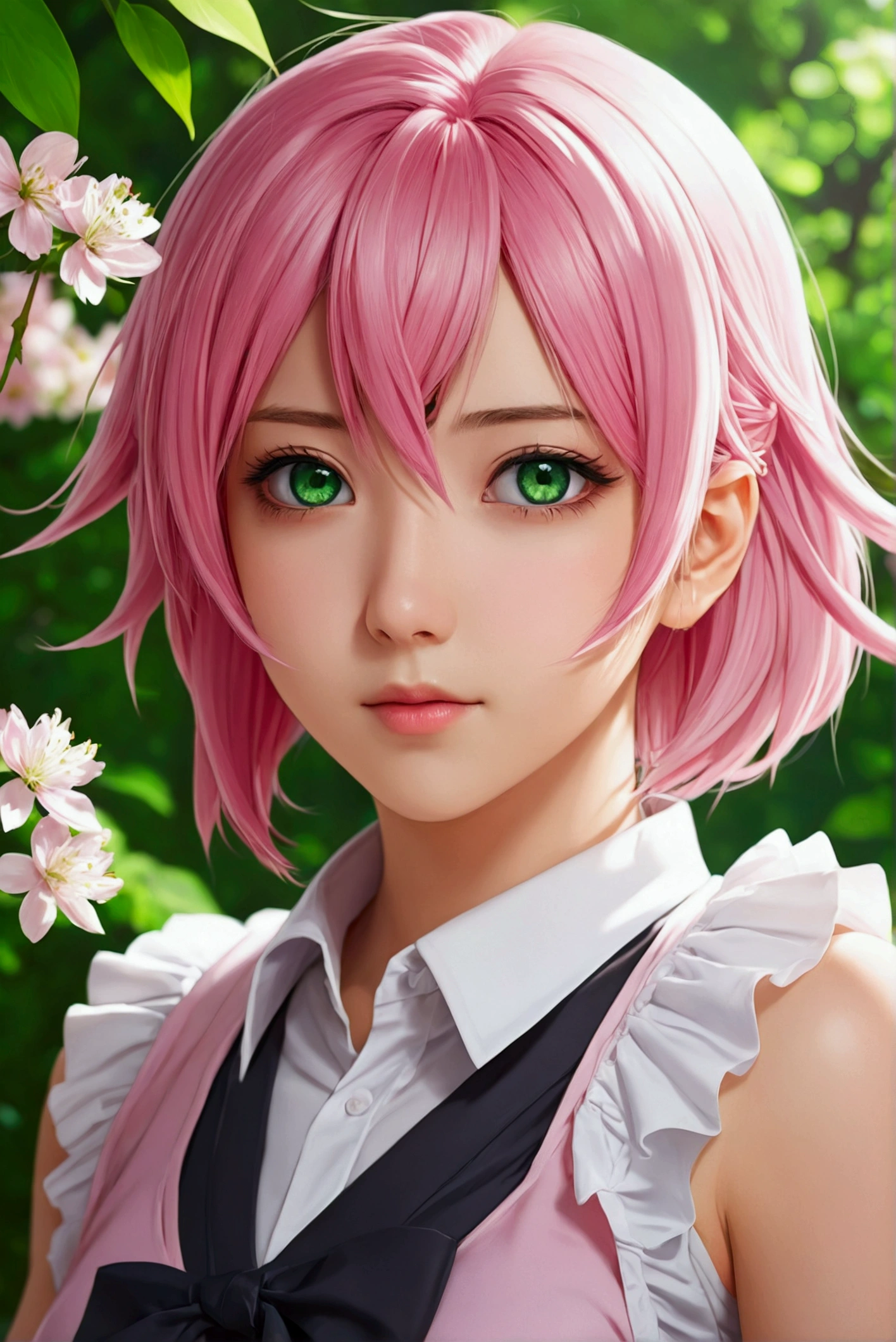 anime girl with pink hair and green eyes posing for a photo, haruno sakura, best 4k konachan anime wallpaper, seductive anime girl, I&#39;m going to make fanart too, sakura petals around you, anime splash art , 4K anime-style, anime moe art style, high quality anime art style, detailed anime art, anime wallpaper, best anime girl